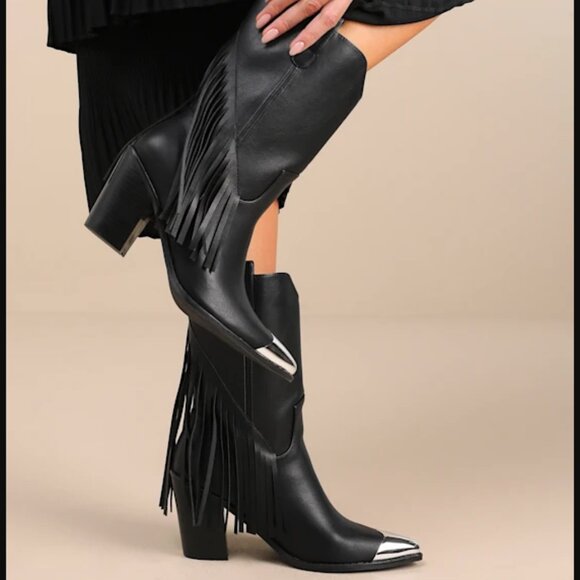 Nasty Gal Shoes - Womens Size 9 Faux Leather Fringe Black Western Ankle Mid Calf Cowboy Boots